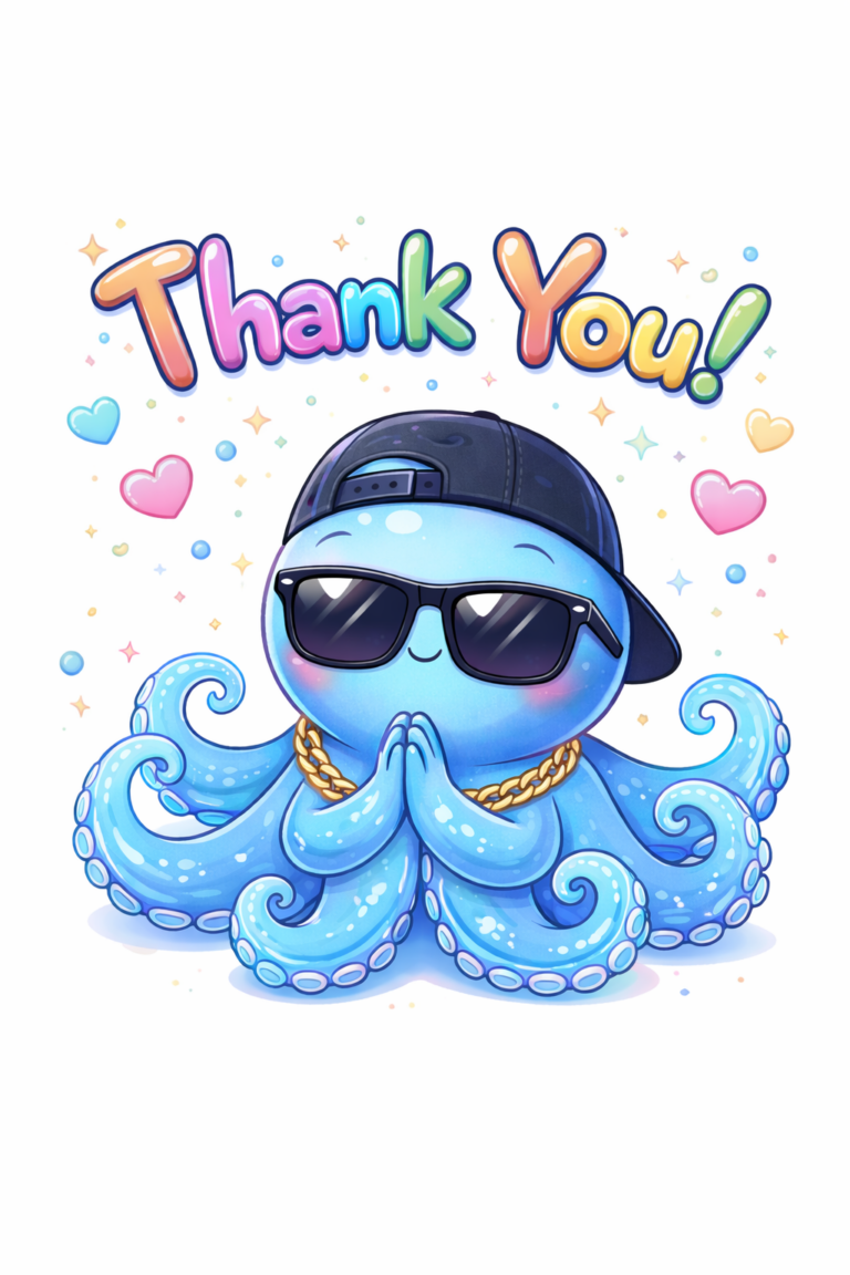 Cartoon octopus holding a thank-you sign